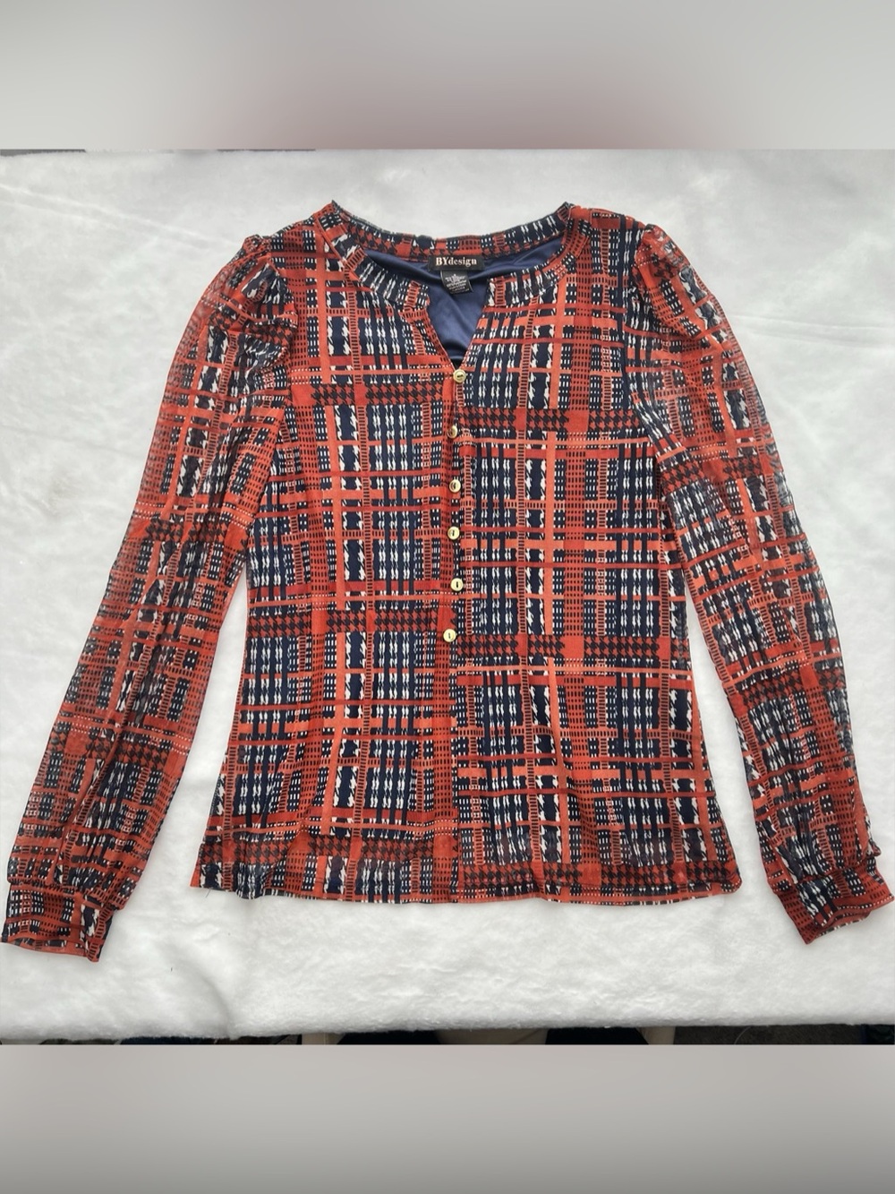 BYdesign Red Navy Geometric Print Blouse Size S Button Front Retro Y2K